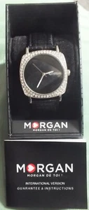 A Super Ladies MORGAN Silver & Black Quartz Wristwatch-2 Pce Black Leather Strap - Picture 1 of 2