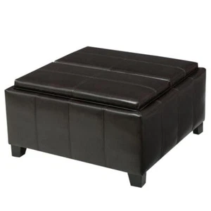 Noble House Storage Ottoman PU Leather Tray Top 2-Flip Over Lids Wood-Frame - Picture 1 of 10