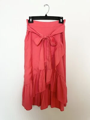 Falda en capas Ann Taylor Petites para mujer talla 2P rosa con volantes forrada con corbata frontal Foto 1 de 4