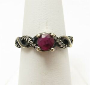 14K White Gold Ruby Center Diamond Accent Crossover Sides Oxidized Ring Size 6.5