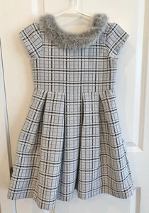 Janie And Jack Sz 6 Yrs Winter Wishes Girls Plaid Dress Faux Fur Collar Blue - Picture 1 of 5
