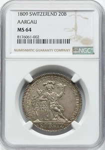 Switzerland - 1809 Aargau 20 Batzen - NGC MS64 - VERY RARE ONLY 14,000 MINTED! - Picture 1 of 2