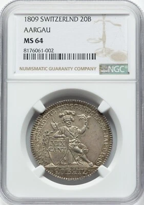 Switzerland - 1809 Aargau 20 Batzen - NGC MS64 - VERY RARE ONLY 14,000 MINTED! - Image 1 of 2
