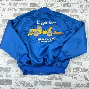 Vintage Satin Jacket Men Medium Blue Bomber USA 80s 90s Logger Embroidered - Picture 1 of 13