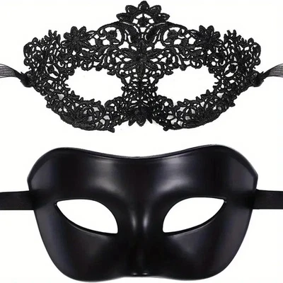 2pcs Black Lace Masquerade Mask Set for Couples Venetian Halloween Party UK - Image 1 of 4