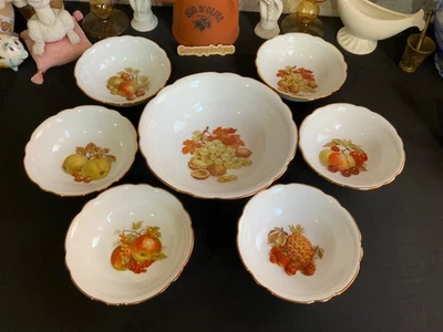 Vintage German Seltmann Wieden Porcelain Bowls Fruit Design With Gilded Rims 7pc - Image 1 of 4
