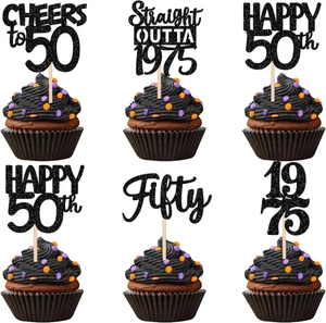 30PCS Black 50Th Birthday Cupcake Toppers Glitter Fifty Happy 50Th Straight Outt - Picture 1 of 12