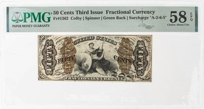 Fr-1362, 50c Justice con espalda verde, 3ª edición, fraccional de Estados Unidos, PMG 58 EPQ Foto 1 de 4