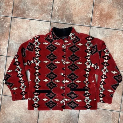 Women’s Fleece Jacket Black Diamond Button Sz XLarge Aztec Navajo Style Red - Image 1 of 4