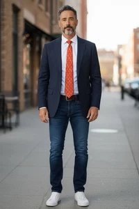Corbata de seda italiana hecha a mano Barneys New York naranja con estampado de cachemira amarilla - Imagen 1 de 3