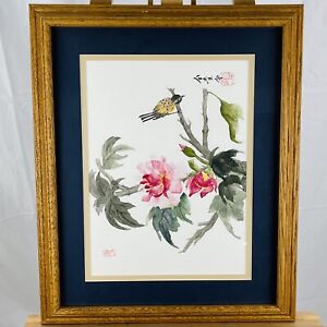 Vintage Mid Century Signed Asian Bird & Flower Watercolor