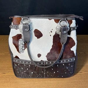 American West Brown Hand Tooled Leather Cow Print Purse Shoulder Bag Tote NEW - Picture 1 of 12