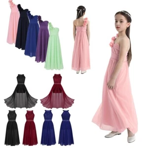 Flower Girl Long Dress One-shoulder Princess Maxi Wedding Bridesmaid Formal Gown - Picture 1 of 59