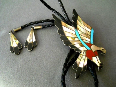 БОЛЬШОЙ TIMS Юго-западный Стиль Зуни Мультикамень Орел Инкрустация Стерл Серебряный Галстук-боло - Изображение 1 из 4