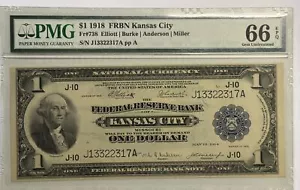 1918 $1 FEDERAL RESERVE BANK NOTE-KANSAS CITY, PMG GEM UNC-66 EPQ; UNIMRPOVABLE! - Picture 1 of 4
