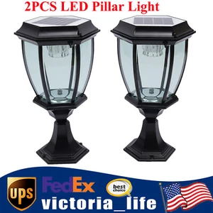 2x LED Pillar Light Solar Powered Lantern Garden Post Lamp Yard Patio Waterproof - Picture 1 of 21