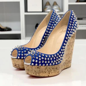 Christian Louboutin Spike Blue Suede Open Toe Pumps Unused EU Size 36 - Picture 1 of 9