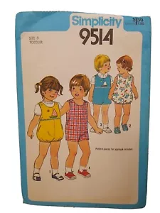 1980 Simplicity 9514 Niños Unisex Mameluco Talla 3 Costura Patrón Corte y Contado - Imagen 1 de 5