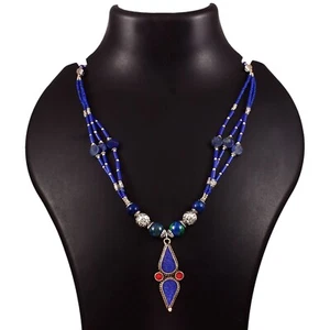 Ethnic Lapis Lazuli gemstone tibetan 925 sterling silver necklace jewelry 18 inc - Picture 1 of 6