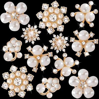 12 PCS Pearl Rhinestone Buttons Embellishments Gold Crystal Wedding Bouquet Broo - Image 1 of 4