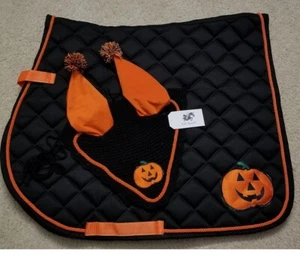 Halloween theme Pumpkin Horse English Saddle Pad Set Fly Bonnet Veil Ear Net - Picture 1 of 3
