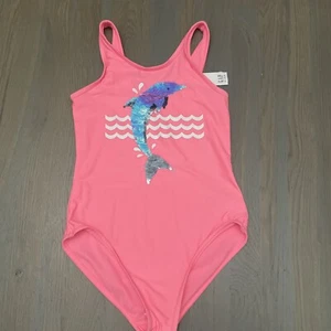 NWT Gap Kids girl one-piece pink sequin dolphin swim suit bathing 14 16 XXL - Picture 1 of 5