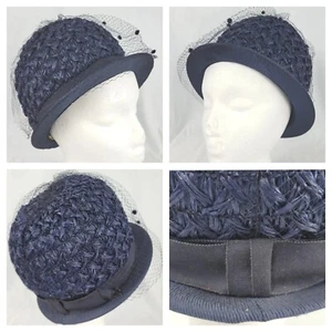 Vintage Jane Morgan Navy Blue Straw Hat with Netting Overlay - Picture 1 of 18