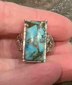 Vtg 925 Sterling Silver Filigree Mosaic Turquoise Inlay Boho Southwestern Size 5 - Picture 1 of 6