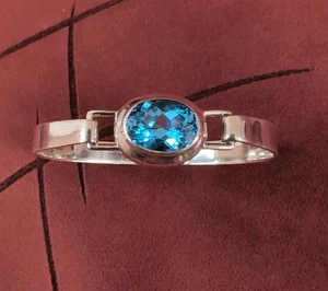 Vintage BOMA Sterling Silver 925 Topaz Inlay Latched Bangle Bracelet - Picture 1 of 10