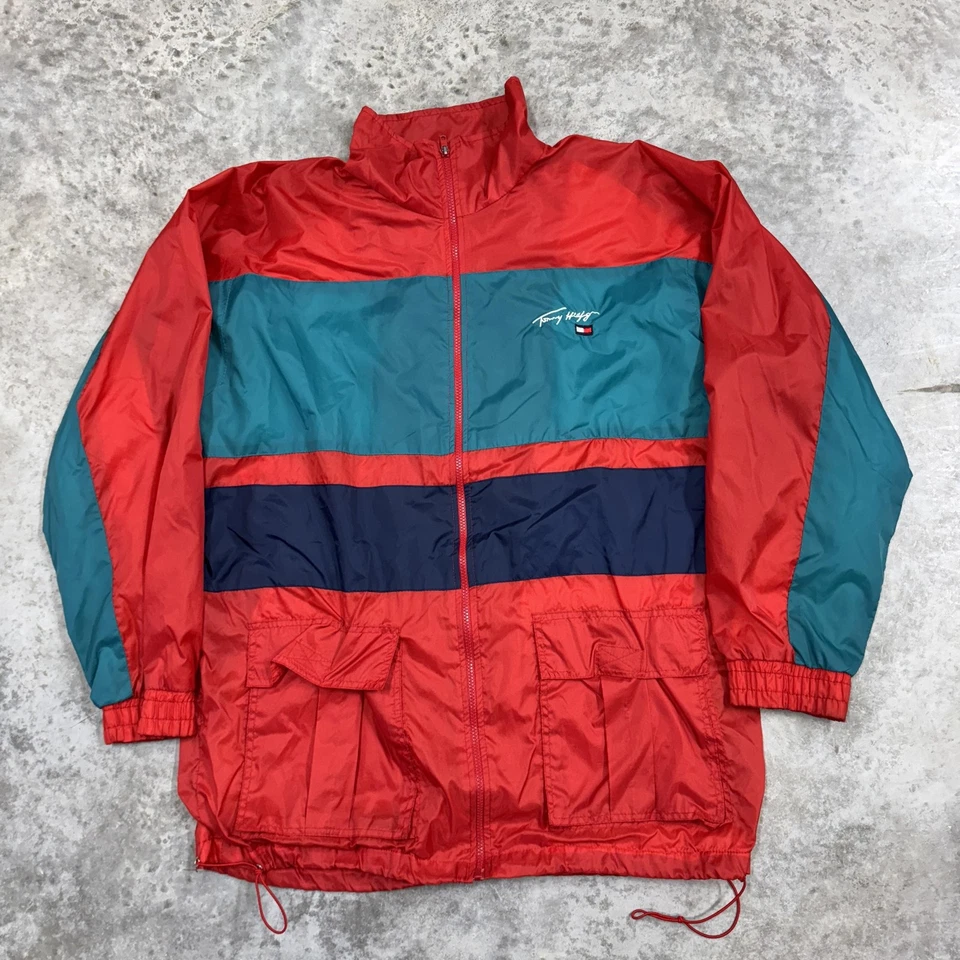 Vintage Tommy Hilfiger Jacket Mens XL Red Nylon Colorblock Windbreaker 90s - Image 1 of 4