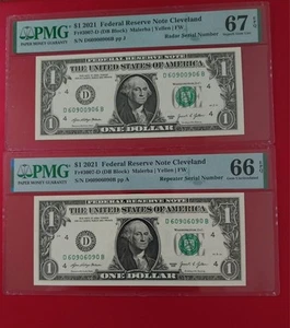 Lot 2 2021 $1 Dollar Radar & Repeater Notes Fancy Serial PMG 67 & 66 EPQ - Picture 1 of 4