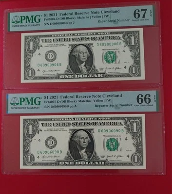 Lot 2 2021 $1 Dollar Radar & Repeater Notes Fancy Serial PMG 67 & 66 EPQ - Image 1 of 4