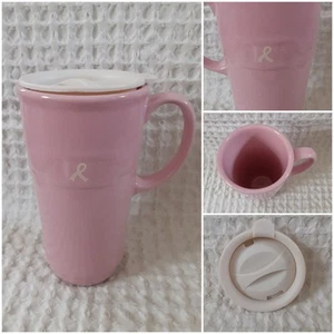 Taza de café de viaje Longaberger Pottery ROSA cáncer de mama tradición tejida + tapa - Imagen 1 de 11