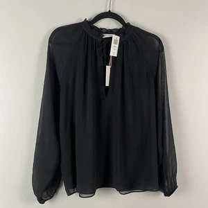 Little Moon Aritzia Blouse Size Small Black Chiffon Ruffle Semi Sheer Tie Neck - Picture 1 of 13