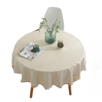 Linen Round Tablecloth Table Cloth Cover Tassel Farmhouse Home Decor Beige - Image 1 of 4