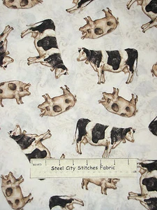 Cow Pig Fabric Farm Chic Animals Toss Cream Beige Cotton Windham By The Yard - Picture 1 of 2