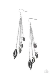 Paparazzi "Chiming Leaflets" Silver Leaf, Chain & Rhinestone Chime Eearrings - Picture 1 of 2