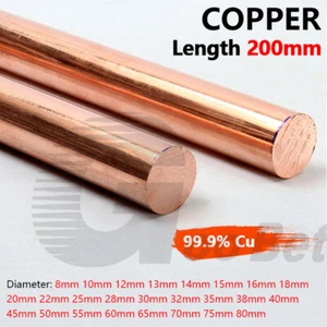 Length 200mm 99.9% Pure Copper T2 Cu Round Rod Rar Dia 8 10 12 13 14 15 to 80mm - Picture 1 of 23