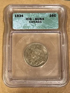 CANADA 1934 25 Cents Silver ICG AU53 Rare Low Mintage! 384,350 High Grade - Picture 1 of 8