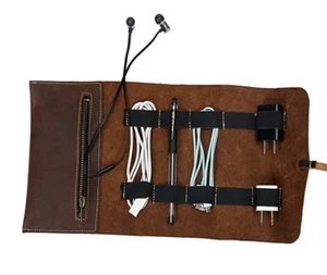 Power Data Line Cargador Digital Accesorio Bolsa Bolsillo Cuero Vaca Marrón H937 - Imagen 1 de 5