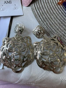 Vintage 90’s Tiger Silver Tone Pierced Runway Statement Earrings - Picture 1 of 4