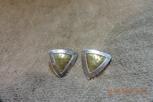 Old Signd Mid Century JEC Jeep Collins Sterling Brass Abstarct Triangle Earrings - Picture 1 of 5
