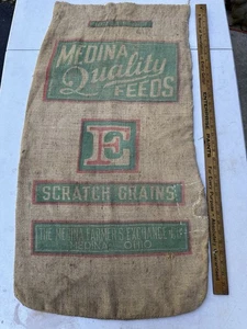 Vintage Medina Feeds Scratch Grain 100 Lb Burlap Feed Bag Sack Medina OH 36 X 20 - Picture 1 of 6