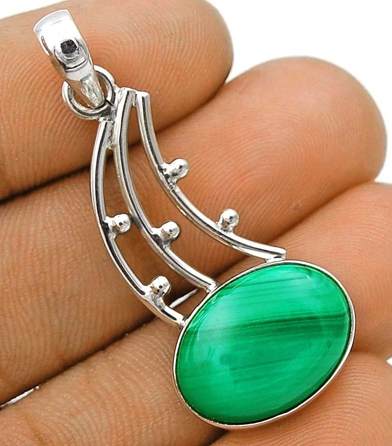 Natural Malachite 925 Solid Sterling Silver Pendant  - Image 1 of 1