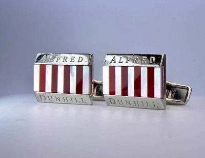 Dunhill Alfred Rectangle Cufflinks Red Stripe Pearl Shell Silver 925 Men Jewelry - Image 1 of 4