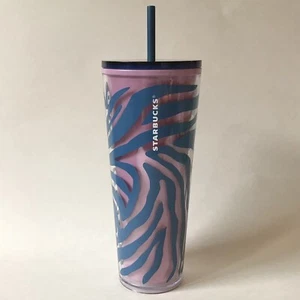 Summer 2021 Starbucks 24 Oz Tumbler Cold Cup Pink Purple Blue Zebra Lid Straw 9” - Picture 1 of 9
