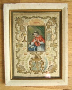 RELIGIOUS EMBROIDERY GOLD WIRE W PAINTING OF ST. FRANCIS OF ASSISI - Picture 1 of 7