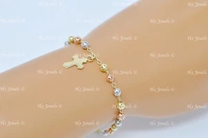 14k 3 tone tri gold Rosary bead diamond cut ball bracelet 3.70 grams #11950 - Picture 1 of 9