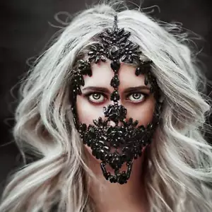 Black Crystal Full Face Mask Halloween Mask Masquerade Mask Rhinestone Face Chai - Picture 1 of 4
