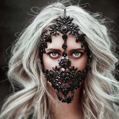 Black Crystal Full Face Mask Halloween Mask Masquerade Mask Rhinestone Face Chai - Image 1 of 4